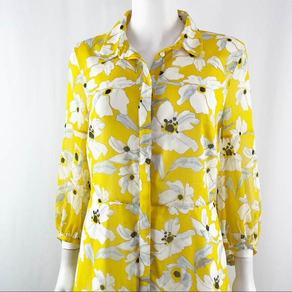 Banana Republic Size 8 Yellow Floral Long Sleeve Hi-Lo Ruffle Maxi Dress - Picture 2 of 10